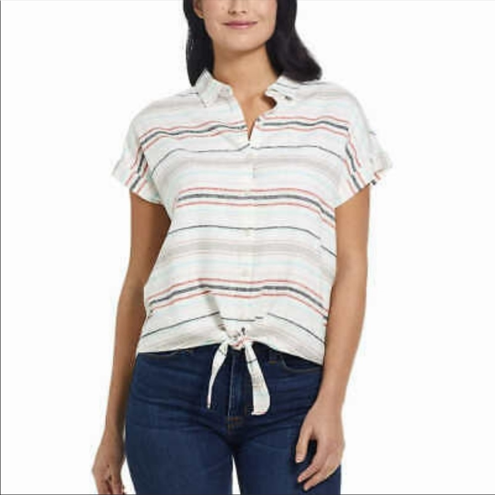 Weatherproof Vintage Linen Button Up Colorful Striped Top Tie Hem